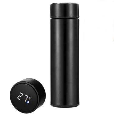 Imagem de Garrafa Térmica Inteligente 500ml em Inox com Medidor de Temperatura Digital, Preta, Ideal para Viagens e Escritório