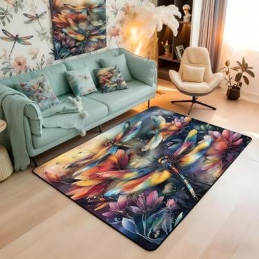 Imagem de Dragonfly Tapete de área de 7 x 12 cm com flores coloridas para sala de estar | Tapete lavável com besouros em aquarela, tapete rústico de animal estético sonhador tapete interno