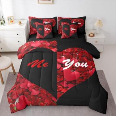 Imagem de Erosebridal Conjunto de edredom King com corações de amor e rosa vermelha preta e vermelha, 7 peças, lençol de casal romântico floral e romântico em uma bolsa, conjunto de cama feminino e adulto