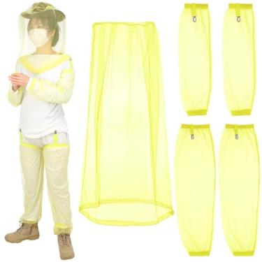 Imagem de Yoojahow 5 peças de traje antimosquito, chapéu GG com rede de malha, mangas de braço e perna, capa protetora para acampamento e pesca (amarelo)
