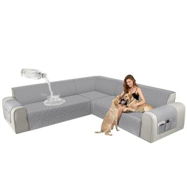 Imagem de ALIECOM Capas de sofá seccionais de canto, à prova d'água, laváveis, em forma de L, protetora, geométrica, jacquard, capa de móveis, com alça ajustável para cães de estimação (pequena, cinza prateado)