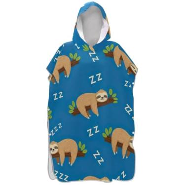 Imagem de Joisal Cute Sloths Poncho de Surf Azul Trocador Adulto Secagem Rápida Poncho Masculino com Capuz Estampa Toalha de Praia