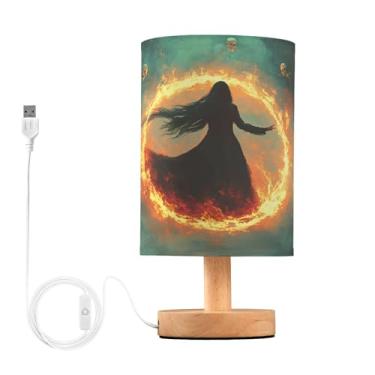 Imagem de Joisal Lâmpada lateral de cama círculo flamejante bruxa em chamas, abajur de mesa pequeno, abajur de linho, mesa lateral, reforma da casa