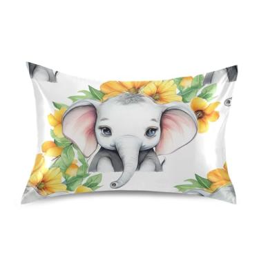Imagem de Lindas fronhas de cetim branco com flores de elefante, decoração de cama refrescante, arte impressa, King Queen, almofadas padrão tamanho padrão 66 cm x 50 cm