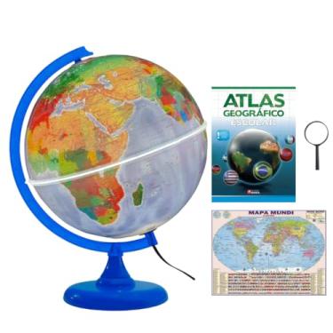 Imagem de GLOBO TERRESTRE FÍSICO POLÍTICO LUMINOSO 30CM BASE AZUL + MAPA MUNDI + LUPA + ATLAS GEOGRÁFICO