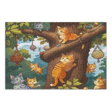 Imagem de Gatos de desenho animado brincando em uma árvore, quebra-cabeças de 500 peças para adultos, quebra-cabeças exclusivos para adultos, jogos educativos
