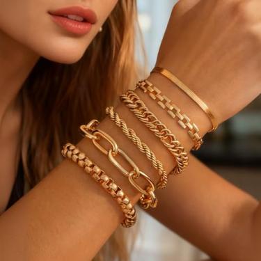 Imagem de Pulseiras de ouro grosso para mulheres, corrente de ouro, pulseira de punho empilhado, joias, presentes de dia dos namorados para ela presentes de amizade, Medium, Latão, Sem Pedra Preciosa