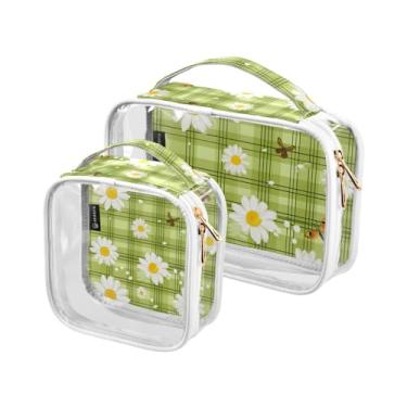 Imagem de GAIGEO Conjunto de 2 sacos de maquiagem transparentes de mosaico colorido e estilizado, bolsa de cosméticos transparente para viagem, bolsa de higiene pessoal para carro, Margaridas e insetos em um