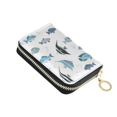 Imagem de Carteira feminina de couro, protetor de cartão de crédito, bloqueio RFID, pequena carteira de viagem com zíper peixe tropical azul cinza