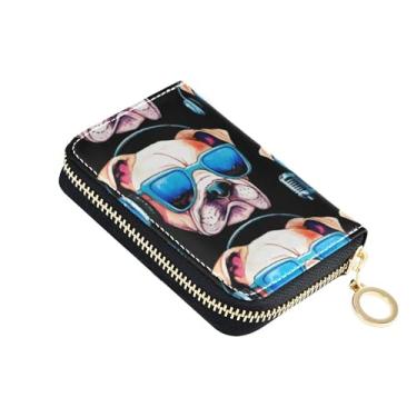 Imagem de Carteiras de cartão de crédito, carteira de couro com bloqueio de RFID, carteira feminina pequena para dinheiro com bolso para moedas, buldogue legal engraçado, preto