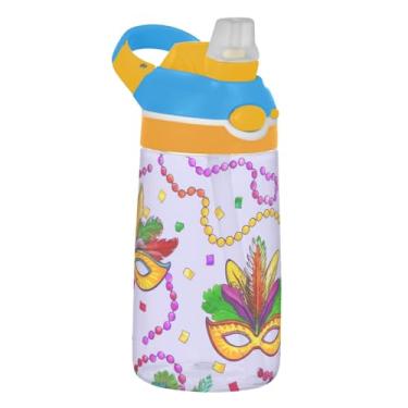 Imagem de Máscaras coloridas de Mardi Gras Garrafa de água infantil roxa 473 ml Garrafa de água esportiva portátil com tampa de canudo 473 ml Tritan copo infantil à prova de vazamento reutilizável, alça de