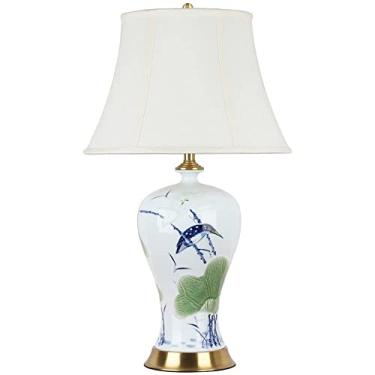 Imagem de Abajur de mesa oriental grande em cerâmica com cúpula em formato de sino, vaso de cerâmica esmaltada pintado à mão, luminária de mesa para quarto, luminária de cabeceira antiga chinesa.