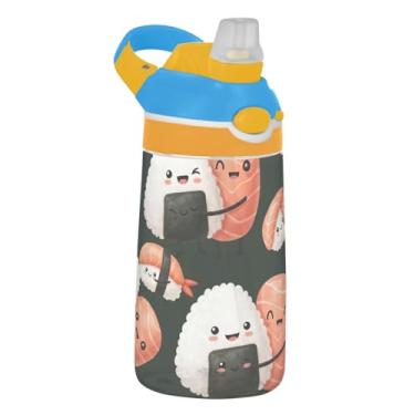 Imagem de Linda garrafa de água esportiva infantil preta de sushi salmão para escola, 473 ml Tritan garrafa de água de 473 ml com canudo, copo infantil portátil reutilizável, alça de transporte