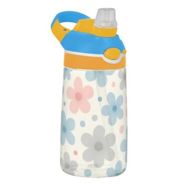 Imagem de Garrafa de água esportiva infantil floral pastel rosa azul cinza para escola, 473 ml Tritan 473 ml garrafa de água com canudo, copo infantil reutilizável à prova de vazamento, alça de transporte