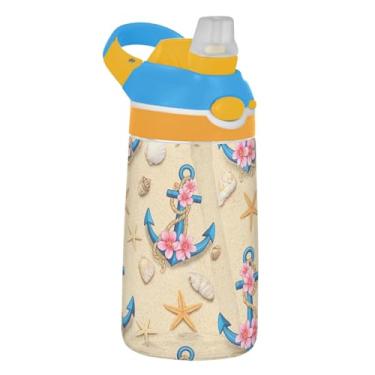 Imagem de Garrafa de água esportiva infantil Cartoon Anchors Pink Flowers para escola, 473 ml Tritan garrafa de água de 473 ml com canudo, copo infantil portátil à prova de vazamento, alça de transporte