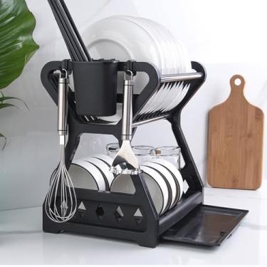 Imagem de Kit Completo 2 Níveis Escorredor Louça Cesto Retrátil Multiuso ElaShopp, Preto