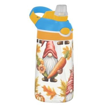 Imagem de Garrafa de água infantil de 473 ml com tampa de palha, garrafa de água esportiva reutilizável para escola, copo infantil Tritan de 473 ml, alça de transporte, gnomo vegetal outono abóbora
