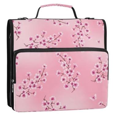 Imagem de Bolsa para fichário de flores rosa de cerejeira com 3 anéis, bolsa organizadora com zíper para escola, suporte grande de documentos com alça de ombro, bolsa de armazenamento de arquivos de escritório