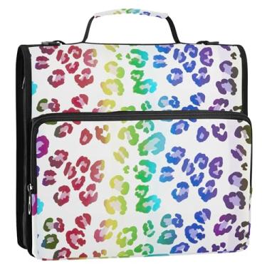 Imagem de Fichários grandes de 3,8 cm, 3 anéis, resistente, arco-íris, leopardo, fichário brilhante, organizador com zíper, comporta 500 folhas, bolsa escolar com alça de ombro
