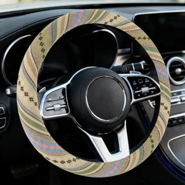 Imagem de Ongfuwu Capa de volante de carro boho, protetor de volante, estilo étnico, boémia, antiderrapante, respirável, linho, capa para rodas automotivas, serve para 38 cm, acessórios interiores universais