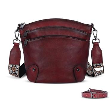 Imagem de HESHE Bolsas transversais de couro para mulheres, bolsas de ombro vintage com vários bolsos, bolsas transversais para viagens, Vinho, Small