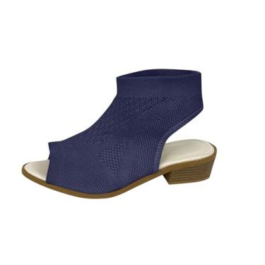 Imagem de Sandálias femininas de malha arejada boca de peixe bico aberto salto bloco baixo sem cadarço para uso casual primavera verão, Azul royal, 34