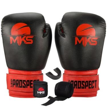 Imagem de Kit Luva de Boxe Muay Thai Kickboxing Prospect + Bandagem 2,55m + Protetor Bucal - MKS Combat0 (PRETO E VERMELHO, 10oz)