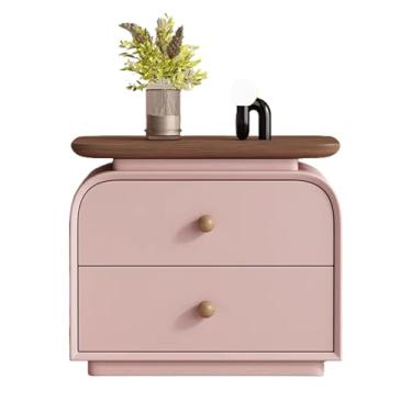 Imagem de KXPSWGE Mesa de cabeceira de madeira maciça com 2 gavetas, mesa lateral prática para cama/mesa de cabeceira, mesas de canto pequenas, sala de estar, cômoda natural para quarto, design de perfil curvo