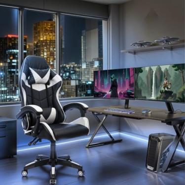 Imagem de Cadeira Gamer Ergonômica Premium com Almofadas Lombar e Cervical – Couro PU, Braços 3D Ajustáveis, Reclinável 155°, Suporte 180kg(Branco)