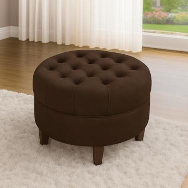 Imagem de Puff Redondo Capitonê Decorativo em Suede com Pés Pretos Reforçados - Assento Extra Moderno para Sala, Quarto e Escritório(MARROM)