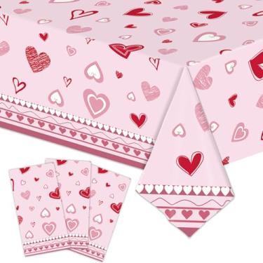 Imagem de Pacote com 2 toalhas de mesa de plástico vermelho e rosa com coração do amor, 137 x 272 cm, capa de mesa descartável para o Dia das Mães, Dia dos Namorados, casamento, aniversário