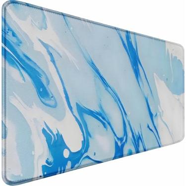 Imagem de Tapete de mouse extragrande para jogos 80 x 30 cm, à prova d'água com bordas costuradas, superfície de pano de microfibra premium, base antiderrapante para jogos de escritório em casa, azul mármore