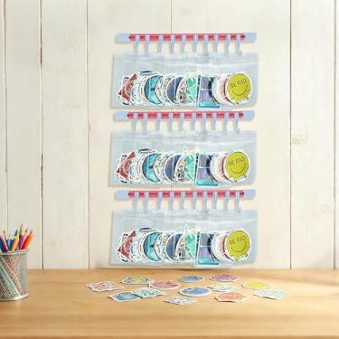 Imagem de MICOM Pacote com 3 prateleiras para exibição de gancho deslizante, 30 bolsos de PVC, fita organizadora de adesivos para crachás, colecionáveis (rosa azul)