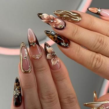 Imagem de Unhas de pressão 3D de amêndoa média com design de leopardo e flor, prensa de unhas 3D sexy com ponta francesa, cola brilhante nas unhas, reutilizável com kit, cole em unhas postiças sensuais com