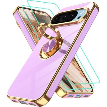 Imagem de Gritup Capa para celular Google 10 Pro: 2 peças protetoras de tela | Suporte magnético de rotação de 360° | Capa protetora básica de TPU macio com borda dourada revestida para Pixel 10 roxo claro