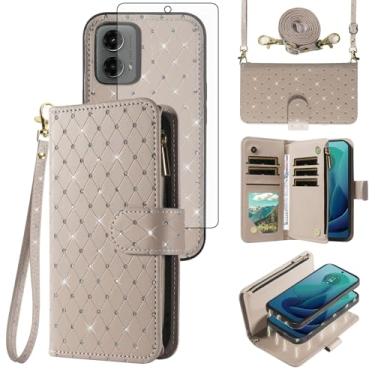 Imagem de Capa carteira compatível com Motorola Moto G 5G 2024 com zíper destacável e protetor de tela de vidro temperado alça transversal com glitter flip porta-cartões para celular G5G 5 G G5 feminino cinza