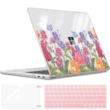 Imagem de LCMOCICO Capa para laptop Microsoft Surface de 13 polegadas, versão 2025, versão 2095, leve, resistente a arranhões, capa rígida de plástico para laptop Microsoft Surface 13 2095, flores rosa e roxas
