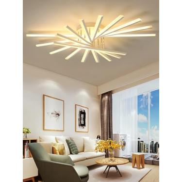 Imagem de Luminária de teto LED moderna com múltiplas lâmpadas, dimerizável e com controle remoto. Design elegante em ferro, ideal para sala de jantar, quarto e escritório (branca, 120 cm).
