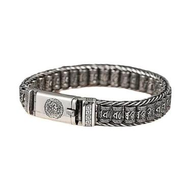 Imagem de Pulseira Masculina Retrô Artesanal Com Contas De Escritura Budista E M