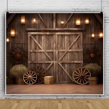 Imagem de Pano de fundo caubói ocidental 3,7 x 3,7 m, porta de celeiro de madeira marrom fazenda, tema ocidental, decoração de festa de aniversário, adereços de cabine de fotos de estúdio