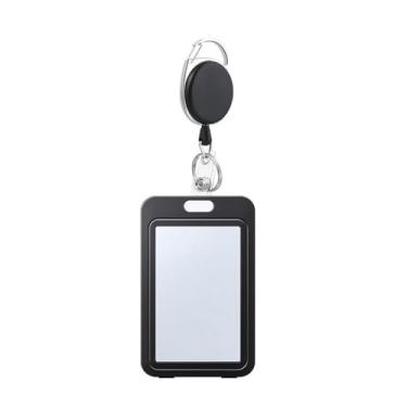 Imagem de Porta-crachá deslizante de plástico vertical com carretel retrátil e mosquetão - protetor de cartão para identidade, licença, chave e cartões de crédito (preto)