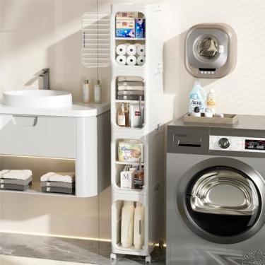 Imagem de JOYZAN Armário de armazenamento estreito para banheiro com rodas móveis, armário de armazenamento fino com 4 portas e painel removível, organizadores de banheiro skinny e armazenamento para espaços