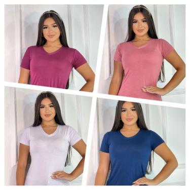 Imagem de Kit 4 Blusas Femininas Gola V Manga Curta - GK Toda Bela, Branco, Rosa