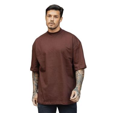Imagem de Camiseta Oversized Gola Alta Lisa Basica Streetwear Confortavel Masculina Marrom-Masculino