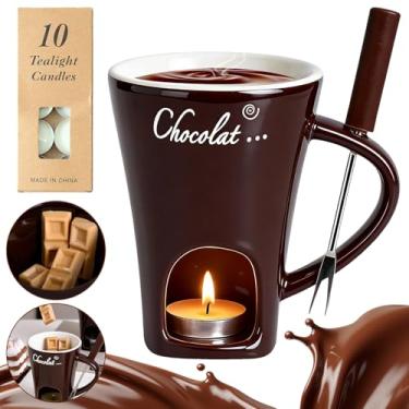 Imagem de Frstem Copo de fondue marrom doce com 10 velas, conjunto de canecas de fondue de derretimento de chocolate para encontros noturnos, presentes de aniversário e casamento