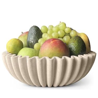 Imagem de Tigela decorativa extra grande com babados – Tigelas modernas de pedra artificial bege feitas à mão para decoração de casa, balcão de cozinha, expositor de frutas, porta-chaves de entrada, estilo