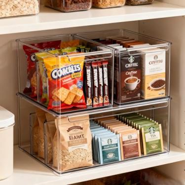 Imagem de HOMETUK Gaveta de armazenamento empilhável com divisórias, pacote com 3 unidades de gavetas de plástico transparente, caixas organizadoras de acrílico altas de 15 cm para despensa, armários de cozinha