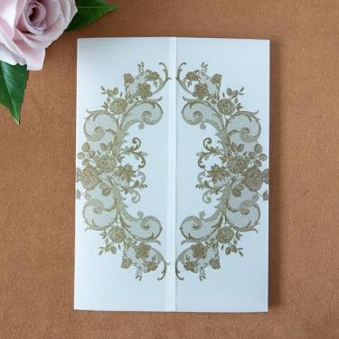Imagem de ponatia 50 peças de jaquetas de veludo para convites de 13 x 17 cm, envelopes de papel de velino floral de renda 135gsm para casamento/chá de panela, cartões de convite de aniversário de quinze anos