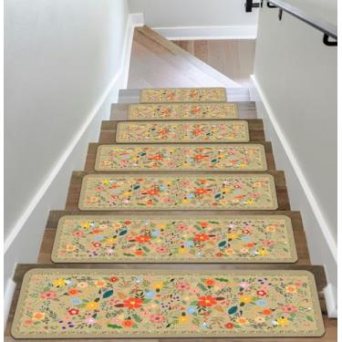 Imagem de Passos de escada florais para degraus de madeira antiderrapante 20 x 76 cm bege tapete de escada de borracha tapete de escada lavável reutilizável tapetes de escada de segurança interna para idosos