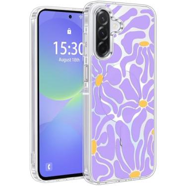 Imagem de Jkvare Capa para Samsung Galaxy A36 compatível com MagSafe, capa protetora magnética sem fio com padrão estético cristalino para mulheres e meninas - flores roxas